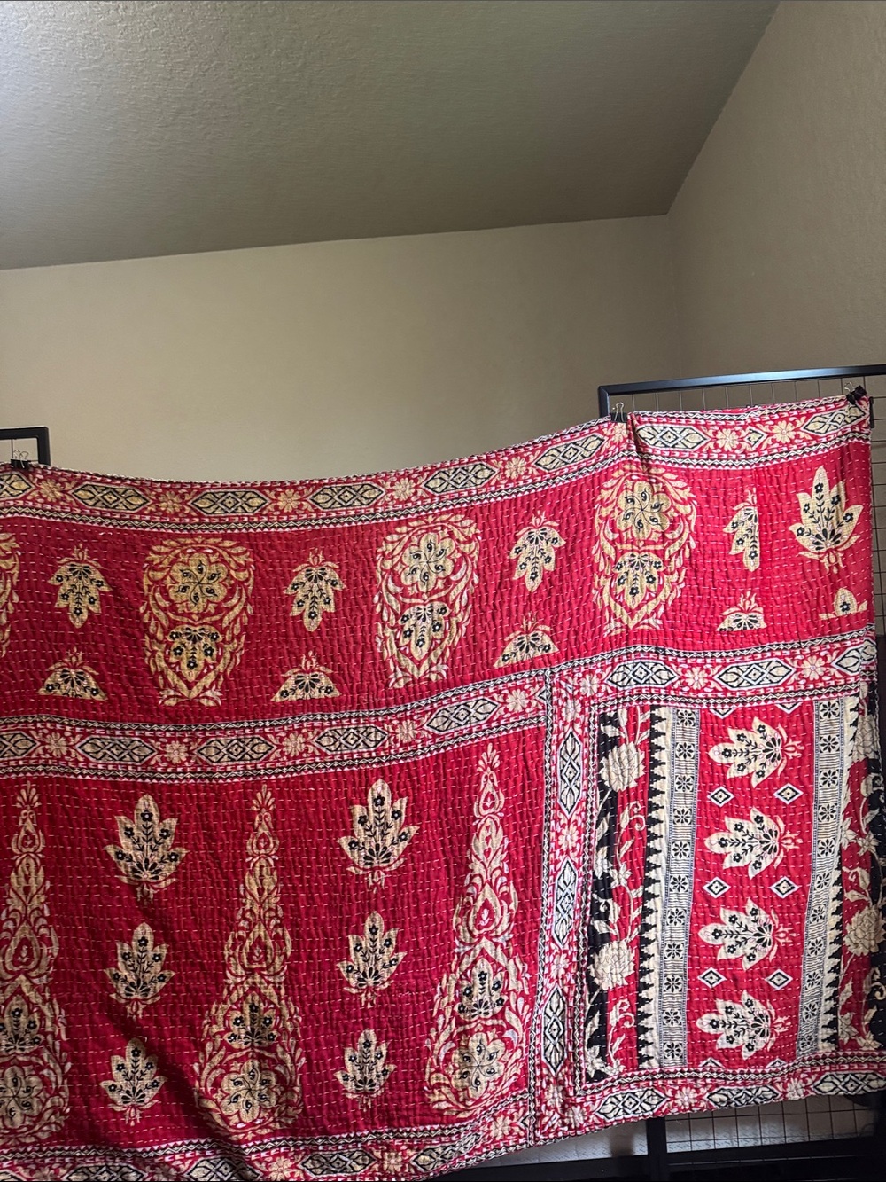 Vintage Red/black/brown Floral Kantha Quilt flip side - Plum/Green/Orange
